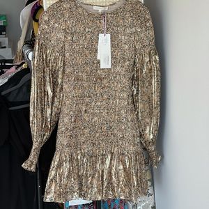 Loveshackfancy metallic long sleeve dress xs
